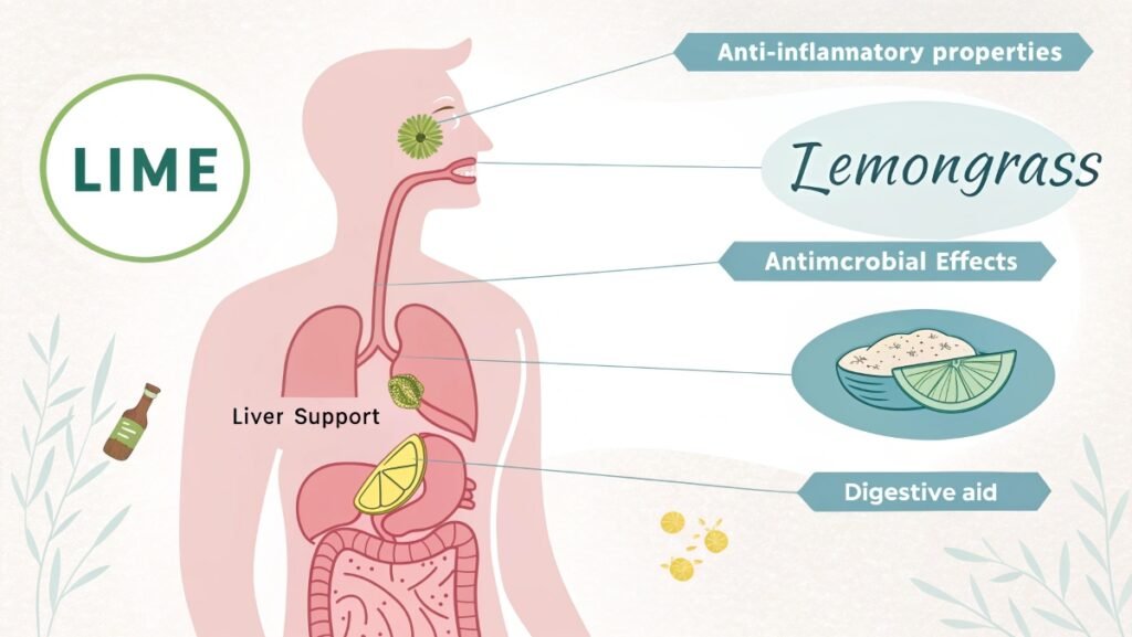 human gut with labeled benefits of lime and lemongrass