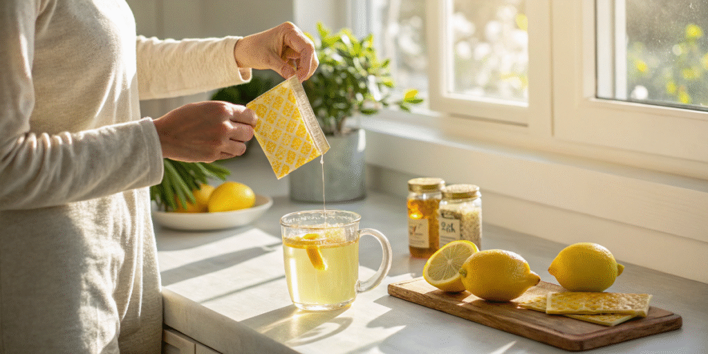 a honey packet over a cup of lemon water