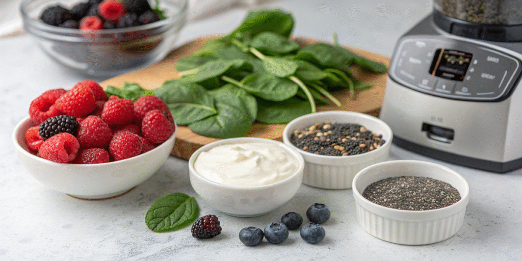 fresh berries, spinach, Greek yogurt, protein powder, and chia seeds next to a Vitamix blender on a countertop
